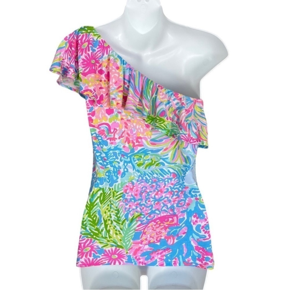 Lilly Pulitzer SeaSpray Blue Lovers Coral Print One Shoulder Neveah Top XS - Picture 4 of 8